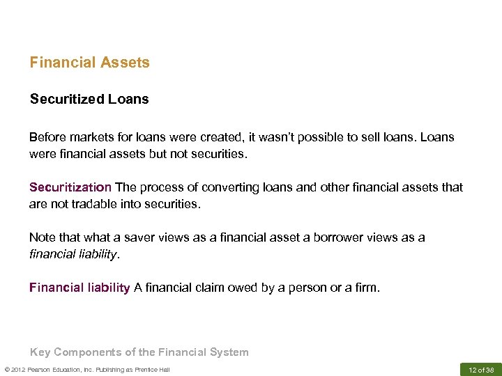 Financial Assets Securitized Loans Before markets for loans were created, it wasn’t possible to