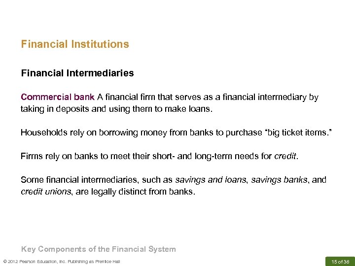 Financial Institutions Financial Intermediaries Commercial bank A financial firm that serves as a financial