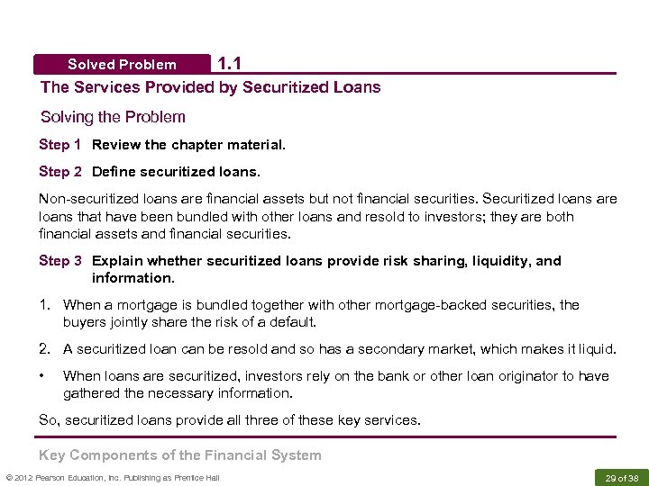 Solved Problem 1. 1 The Services Provided by Securitized Loans Solving the Problem Step