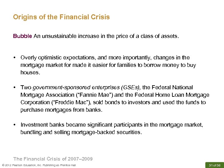 Origins of the Financial Crisis Bubble An unsustainable increase in the price of a