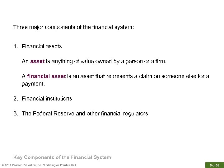 Three major components of the financial system: 1. Financial assets An asset is anything