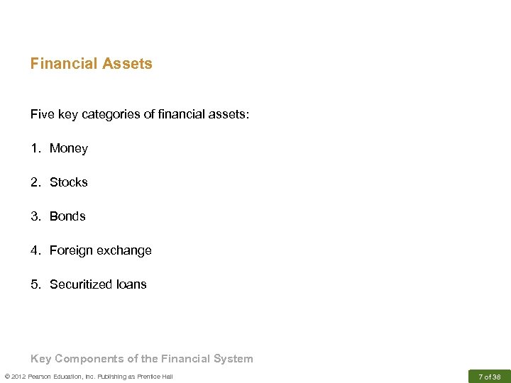 Financial Assets Five key categories of financial assets: 1. Money 2. Stocks 3. Bonds