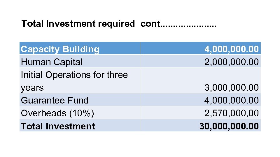 Total Investment required cont. . . . . Capacity Building Human Capital Initial Operations