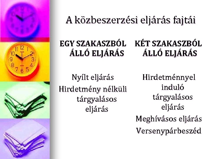 A közbeszerzési eljárás fajtái EGY SZAKASZBÓL KÉT SZAKASZBÓL ÁLLÓ ELJÁRÁS Nyílt eljárás Hirdetmény nélküli