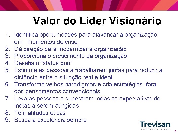 Valor do Líder Visionário 1. Identifica oportunidades para alavancar a organização em momentos de