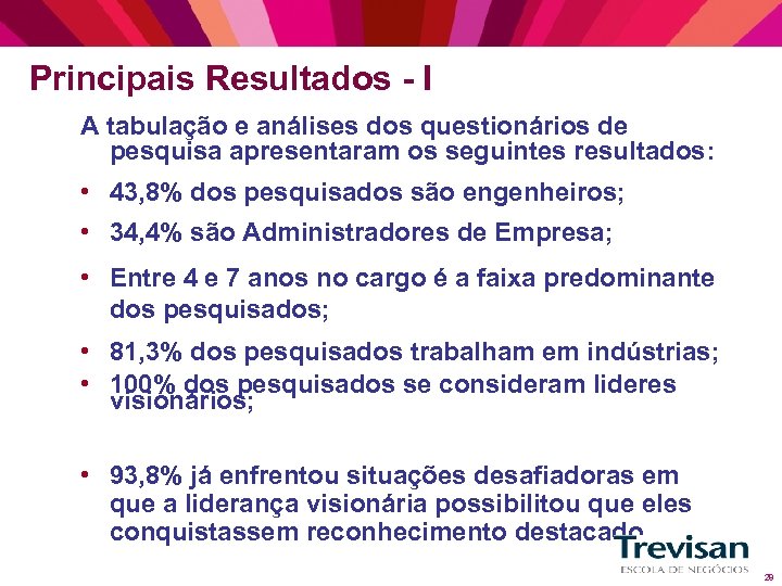 Principais Resultados - I A tabulação e análises dos questionários de pesquisa apresentaram os