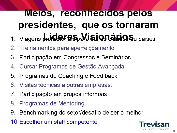 Meios, reconhecidos pelos presidentes, que os tornaram Líderes Visionários 1. Viagens profissionais para outras