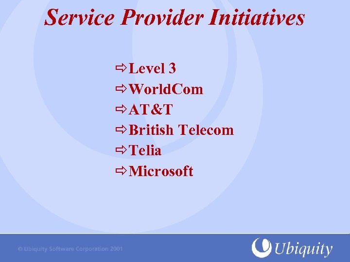 Service Provider Initiatives Level 3 World. Com AT&T British Telecom Telia Microsoft 