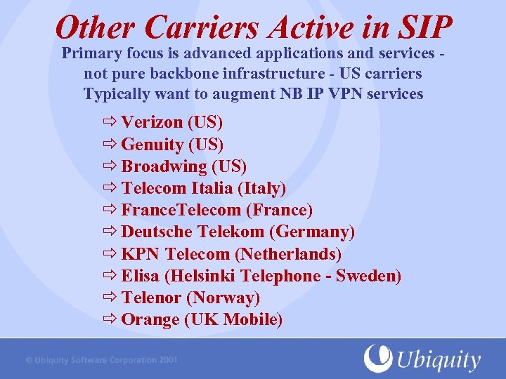 Other Carriers Active in SIP Primary focus is advanced applications and services not pure