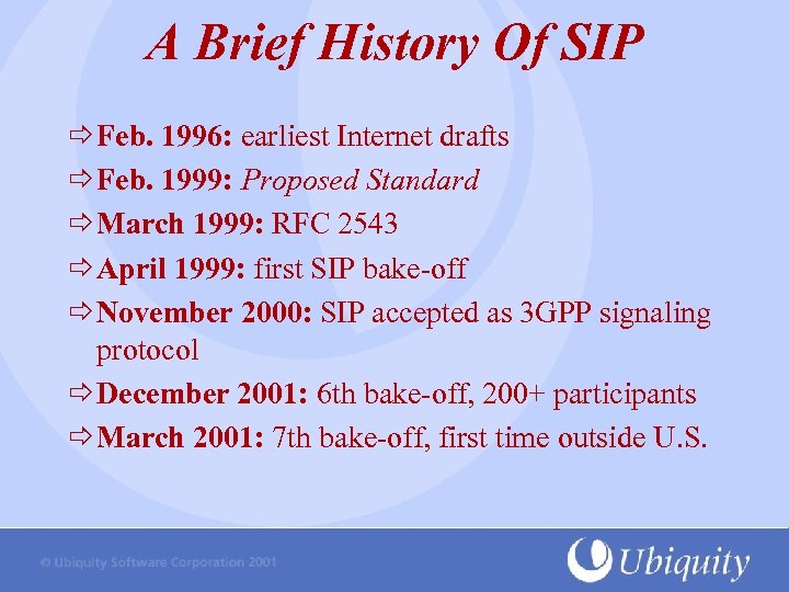 A Brief History Of SIP Feb. 1996: earliest Internet drafts Feb. 1999: Proposed Standard