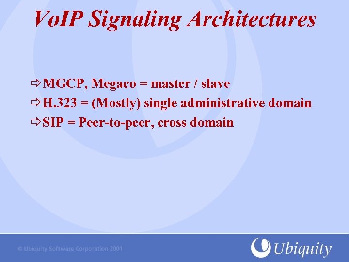 Vo. IP Signaling Architectures MGCP, Megaco = master / slave H. 323 = (Mostly)