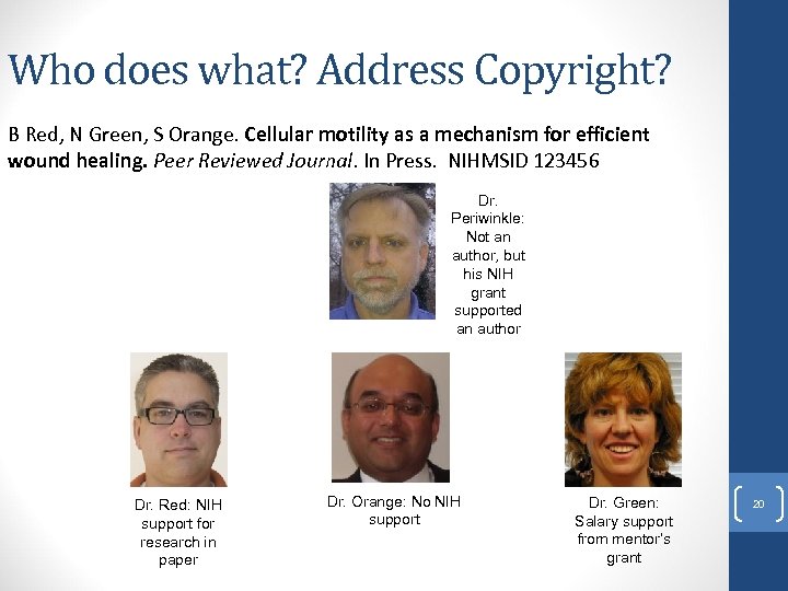 Who does what? Address Copyright? B Red, N Green, S Orange. Cellular motility as