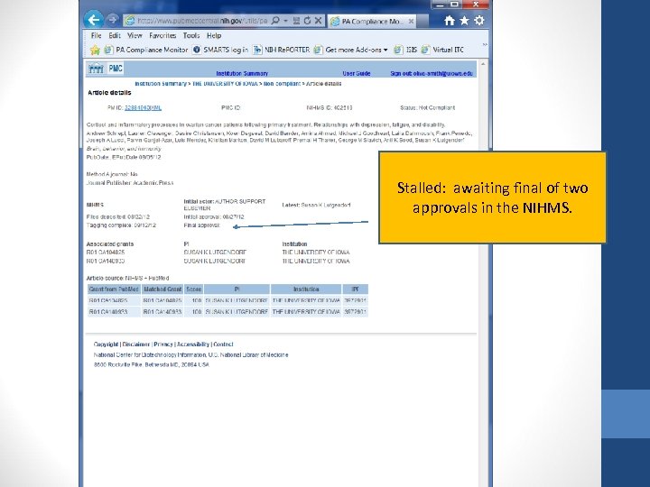 Stalled: awaiting final of two approvals in the NIHMS. 
