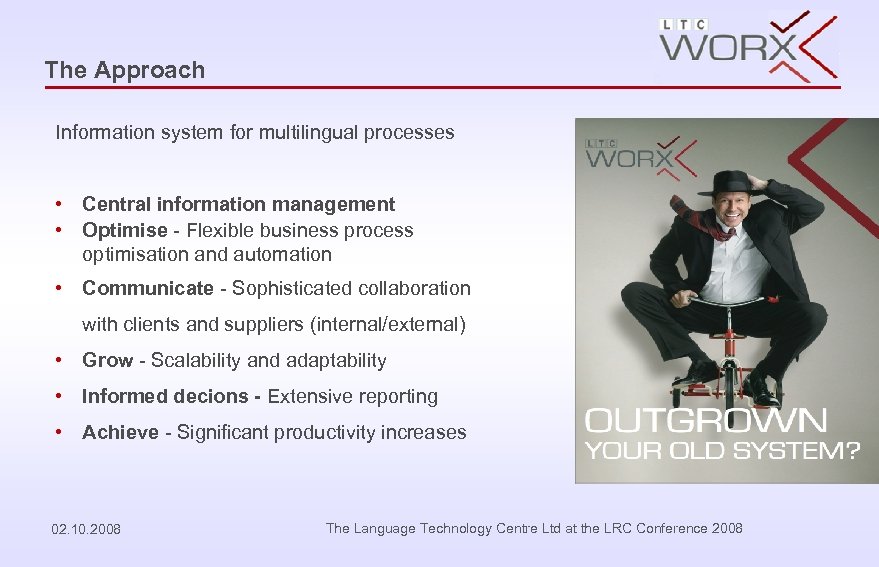 The Approach Information system for multilingual processes • Central information management • Optimise -