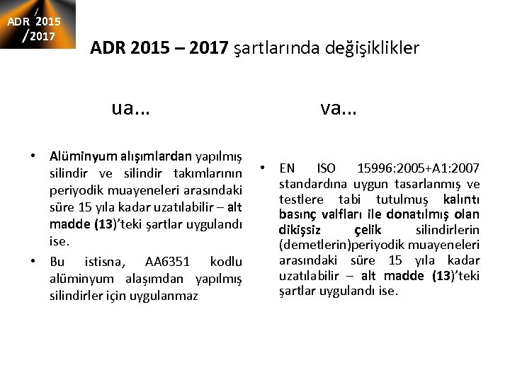 ADR 2015 2017 ADR 2015 – 2017 şartlarında değişiklikler ua… va… • Alüminyum alışımlardan