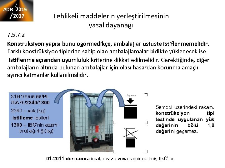 ADR 2015 2017 Tehlikeli maddelerin yerleştirilmesinin yasal dayanağı 7. 5. 7. 2 Konstrüksiyon yapısı