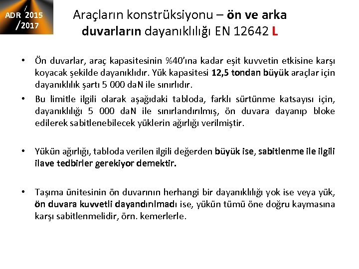 ADR 2015 2017 Araçların konstrüksiyonu – ön ve arka duvarların dayanıklılığı EN 12642 L