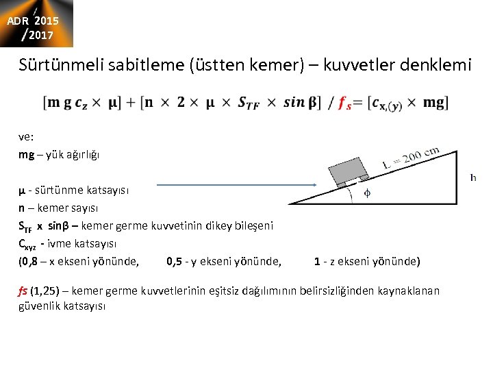 ADR 2015 2017 Sürtünmeli sabitleme (üstten kemer) – kuvvetler denklemi ve: mg – yük