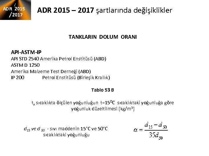 ADR 2015 2017 ADR 2015 – 2017 şartlarında değişiklikler TANKLARIN DOLUM ORANI API-ASTM-IP API