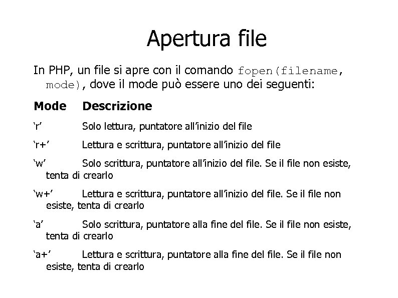 Apertura file In PHP, un file si apre con il comando fopen(filename, mode), dove