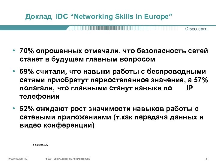Доклад IDC “Networking Skills in Europe” • 70% опрошенных отмечали, что безопасность сетей станет