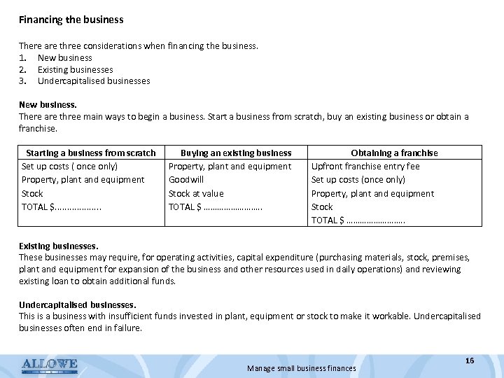 Financing the business There are three considerations when financing the business. 1. New business