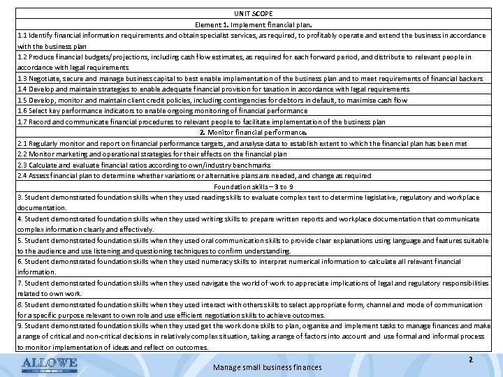 UNIT SCOPE Element 1. Implement financial plan. 1. 1 Identify financial information requirements and
