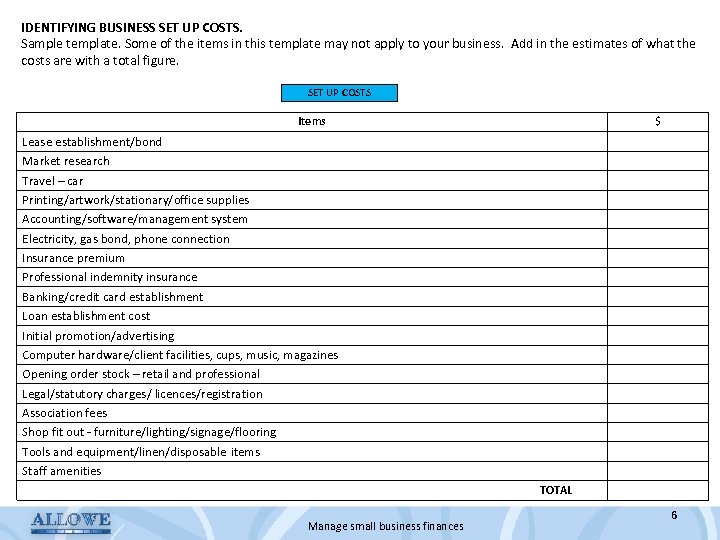 IDENTIFYING BUSINESS SET UP COSTS. Sample template. Some of the items in this template