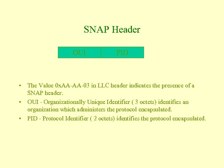 SNAP Header OUI PID • The Value 0 x. AA-AA-03 in LLC header indicates