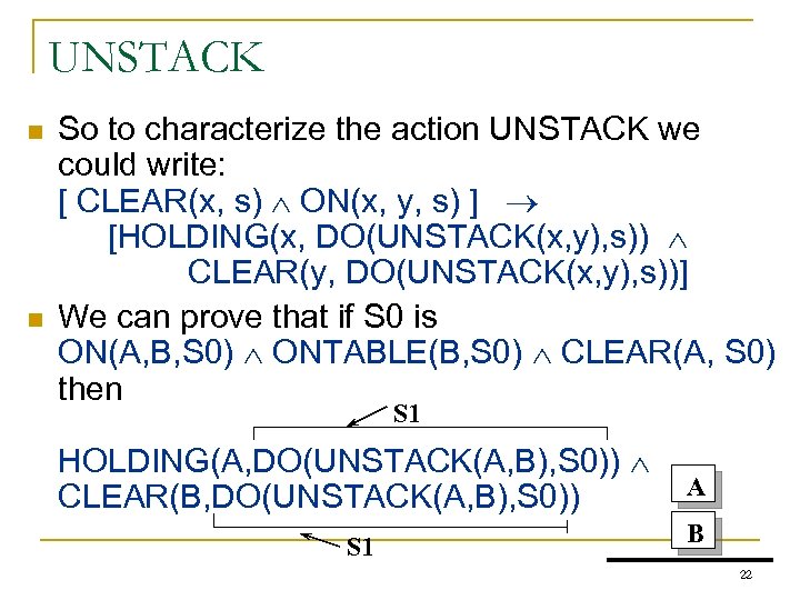 UNSTACK n n So to characterize the action UNSTACK we could write: [ CLEAR(x,