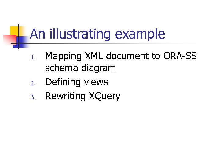 An illustrating example 1. 2. 3. Mapping XML document to ORA-SS schema diagram Defining