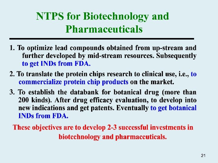 NTPS for Biotechnology and Pharmaceuticals 21 