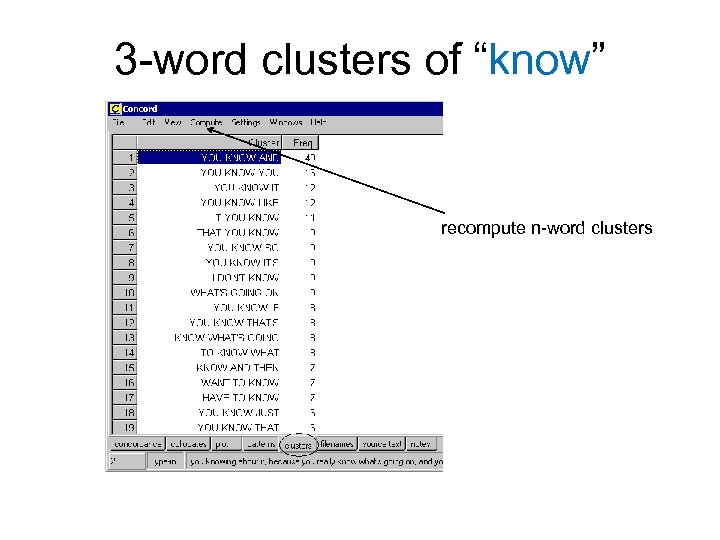 3 -word clusters of “know” recompute n-word clusters 
