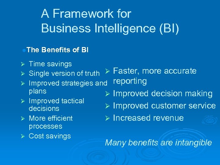 A Framework for Business Intelligence (BI) l. The Ø Ø Ø Benefits of BI