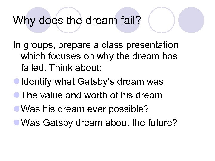 Why does the dream fail? In groups, prepare a class presentation which focuses on