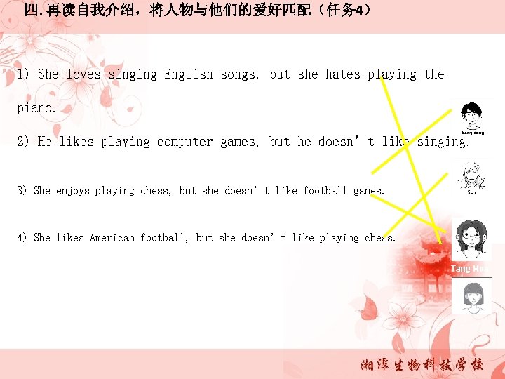 四. 再读自我介绍，将人物与他们的爱好匹配（任务 4） 1) She loves singing English songs, but she hates playing the