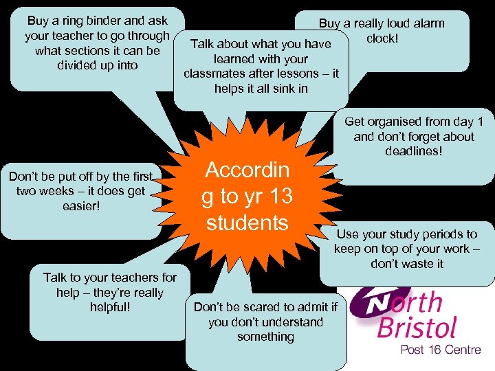 Buy a ring binder and ask your teacher to go through what sections it