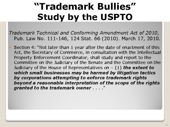 2010 TRADEMARK LAW SEMINAR THE FUTURE OF BRAND PROTECTION “Trademark Bullies” Study by the