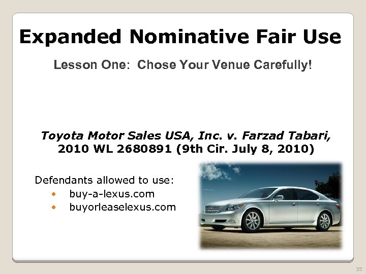 Expanded Nominative Fair Use Lesson One: Chose Your Venue Carefully! Toyota Motor Sales USA,