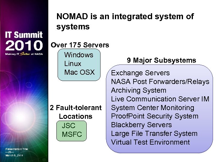 NOMAD is an integrated system of systems Over 175 Servers Windows 9 Major Subsystems