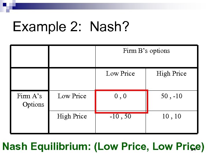 Example 2: Nash? Firm B’s options Low Price 0, 0 50 , -10 High