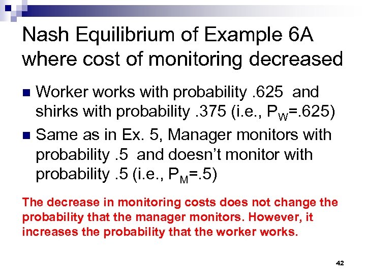 Nash Equilibrium of Example 6 A where cost of monitoring decreased Worker works with