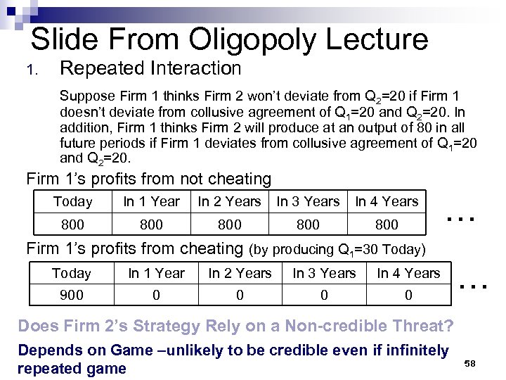 Slide From Oligopoly Lecture 1. Repeated Interaction Suppose Firm 1 thinks Firm 2 won’t