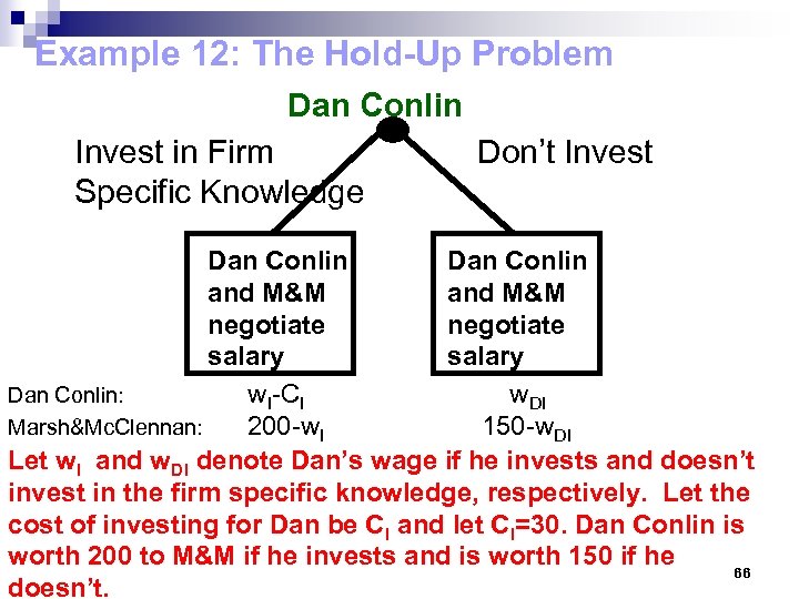 Example 12: The Hold-Up Problem Dan Conlin Invest in Firm Specific Knowledge Don’t Invest