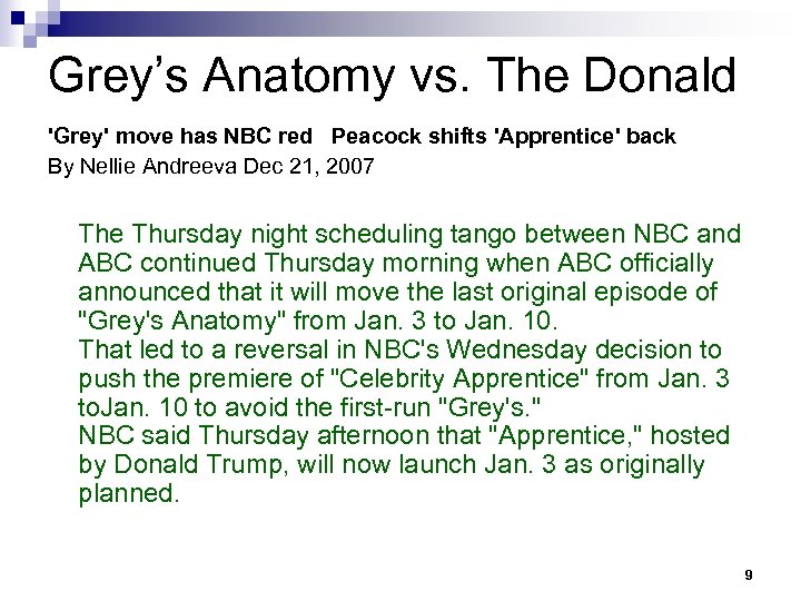 Grey’s Anatomy vs. The Donald 'Grey' move has NBC red Peacock shifts 'Apprentice' back