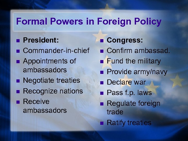 Formal Powers in Foreign Policy n n n President: Commander-in-chief Appointments of ambassadors Negotiate