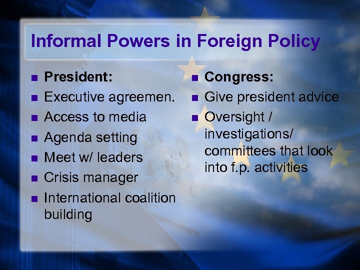 Informal Powers in Foreign Policy n n n n President: Executive agreemen. Access to