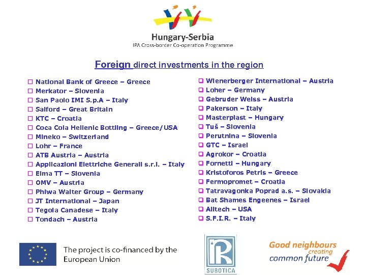 Foreign direct investments in the region o National Bank of Greece – Greece o