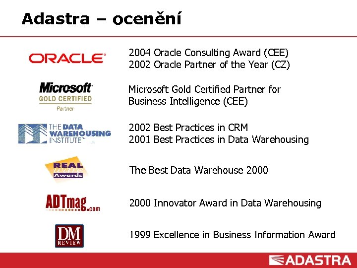 Adastra – ocenění 2004 Oracle Consulting Award (CEE) 2002 Oracle Partner of the Year