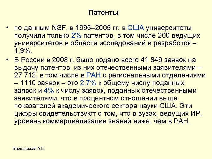 Патенты • по данным NSF, в 1995– 2005 гг. в США университеты получили только